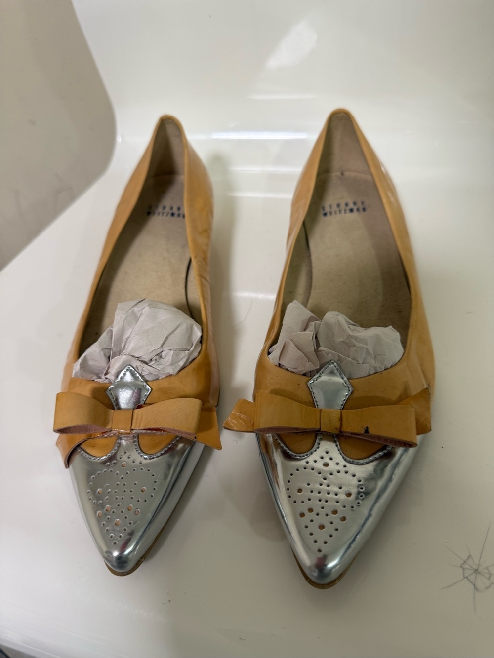 Stuart Weitzman Tan Leather Flats with Silver Pointed Toe & Bow